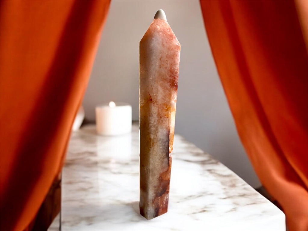 Large 10 inch Fire Quartz Tower | Hematoid Crystal Point, Red Inclusions, Statement Healing Crystal