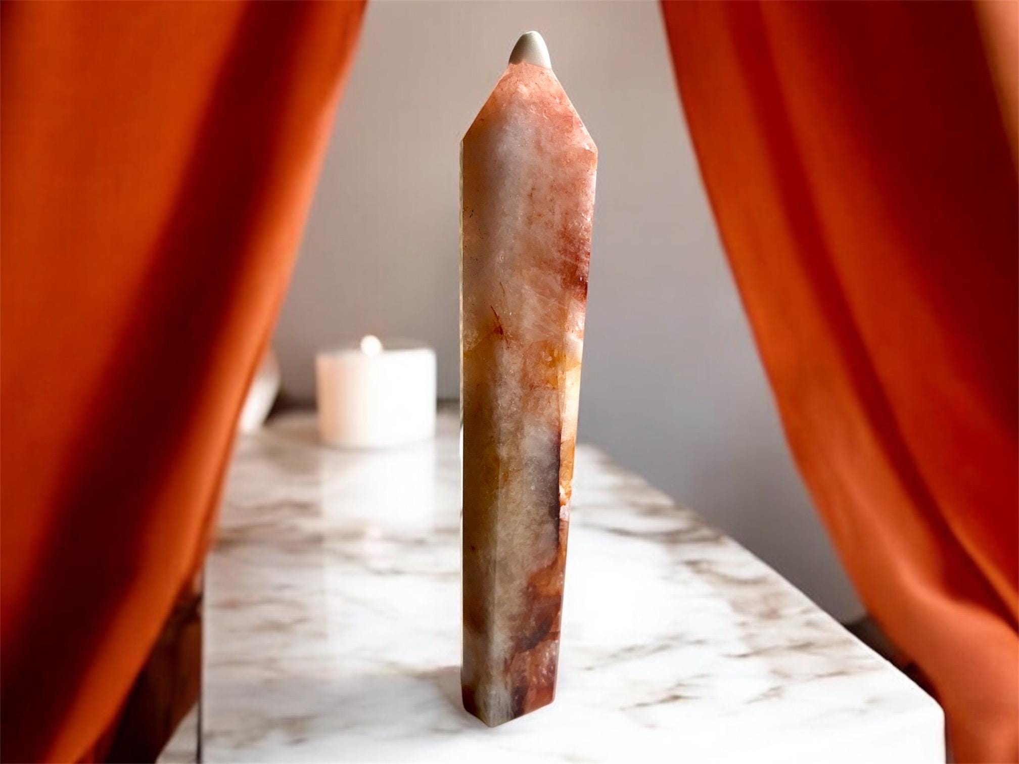 Large 10 inch Fire Quartz Tower | Hematoid Crystal Point, Red Inclusions, Statement Healing Crystal