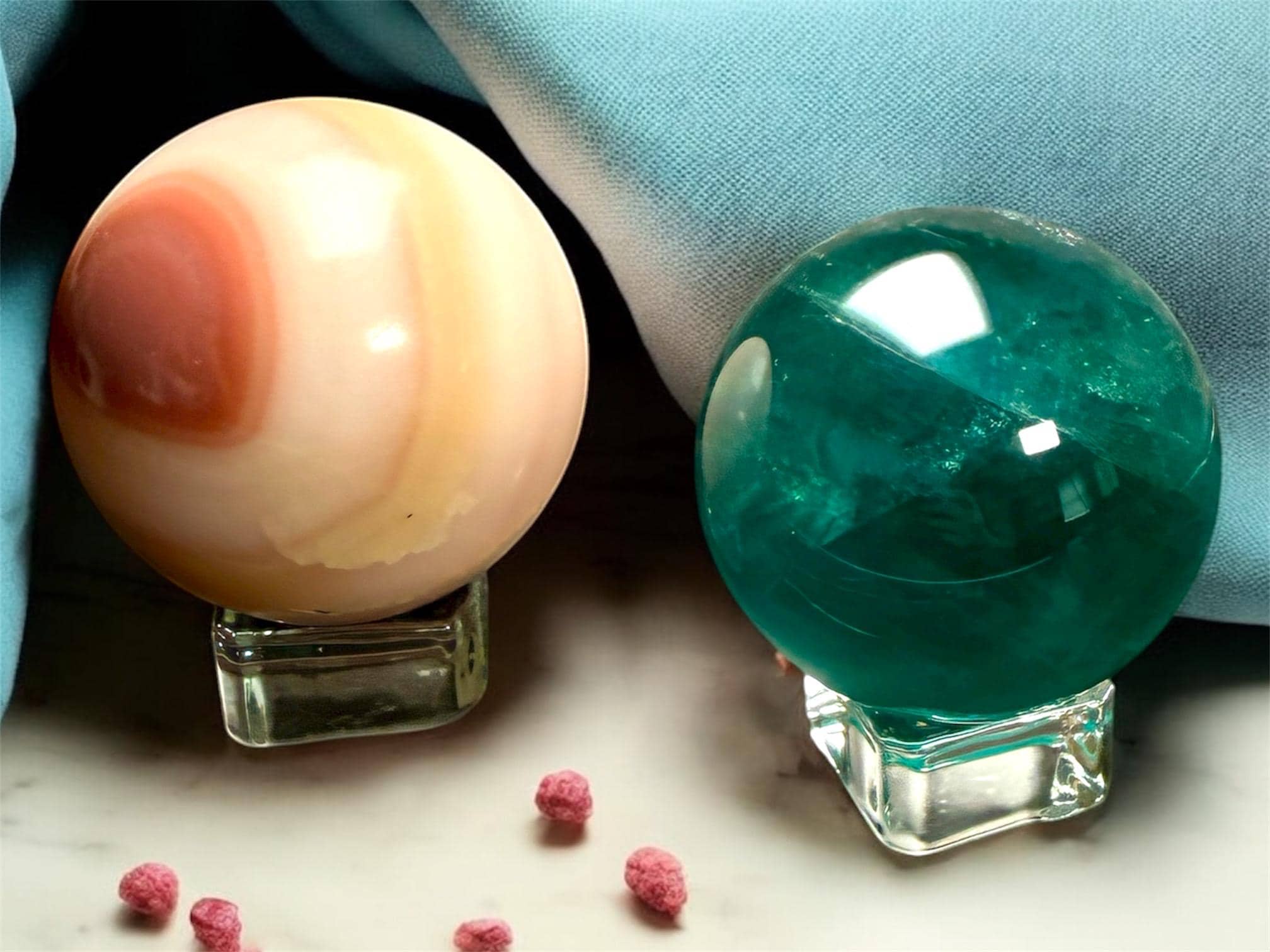 Pink Onyx (54mm) & Teal Fluorite (52mm) Spheres