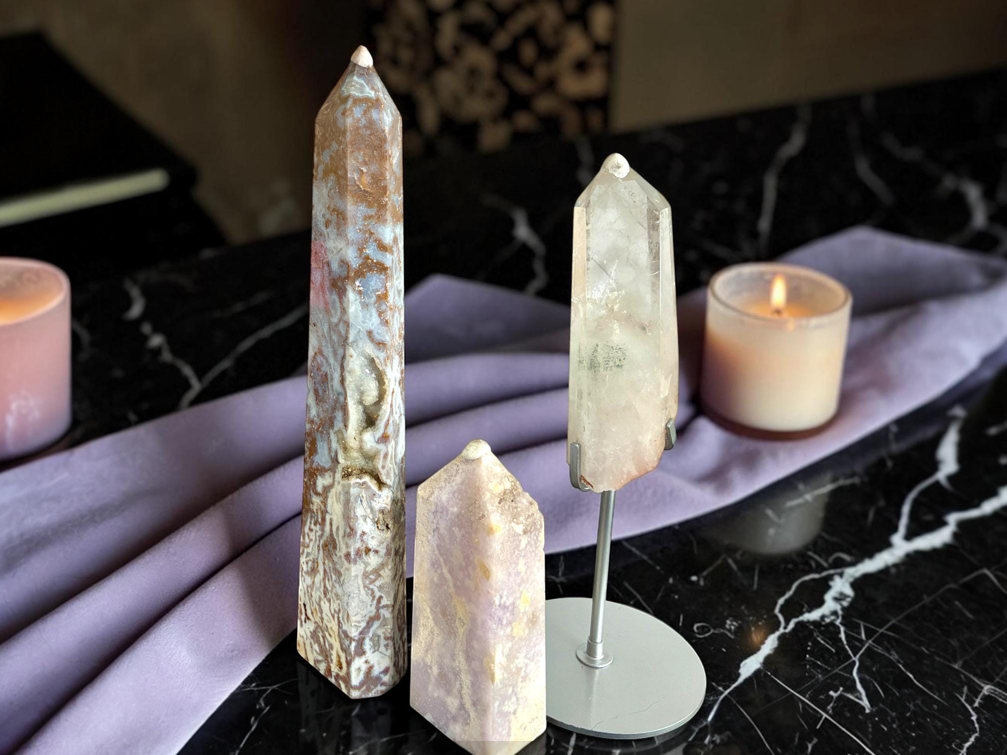 Druzy Agate, Pink Amethyst, Clear Quartz Crystal Towers