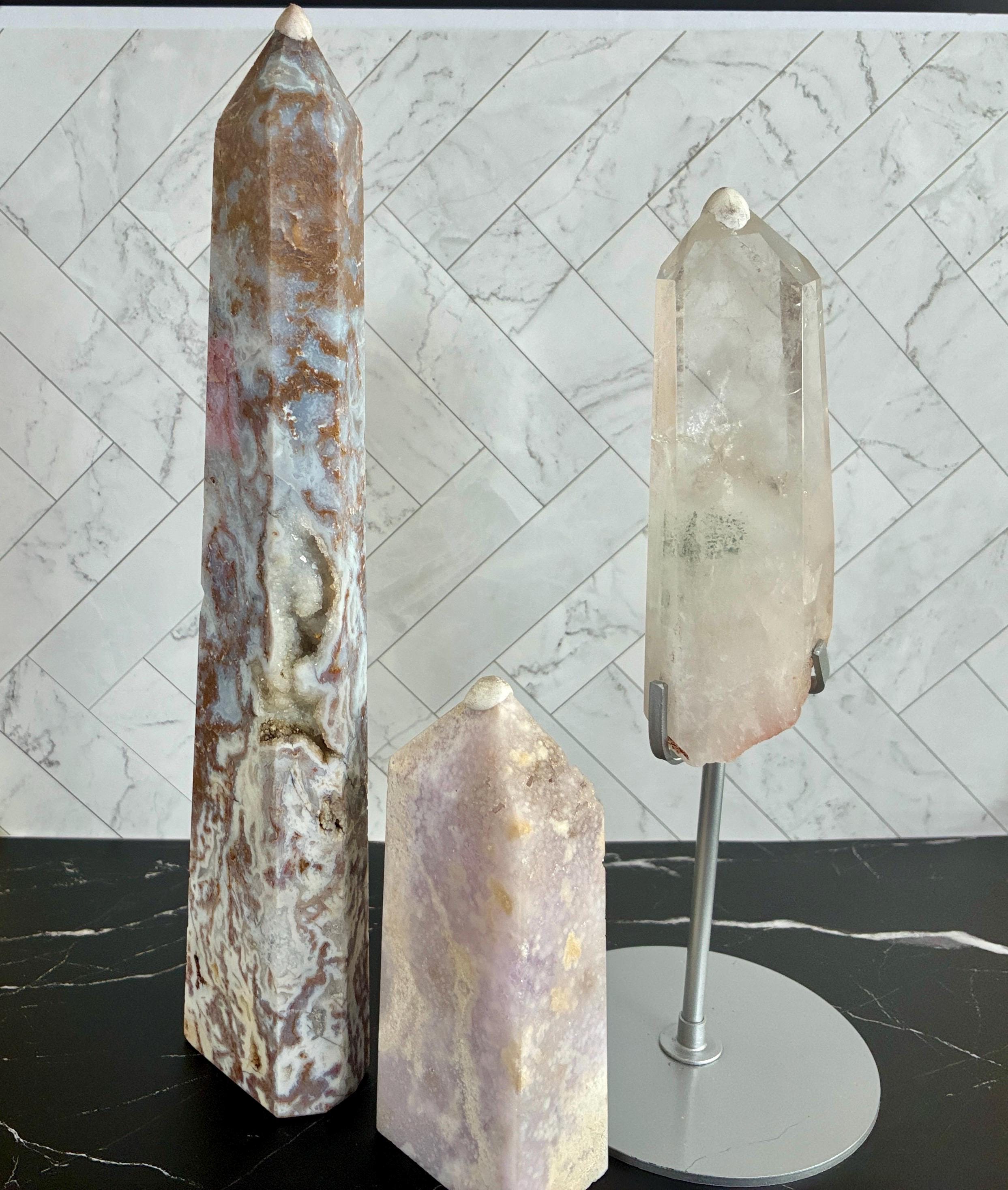 Druzy Agate, Pink Amethyst, Clear Quartz Crystal Towers