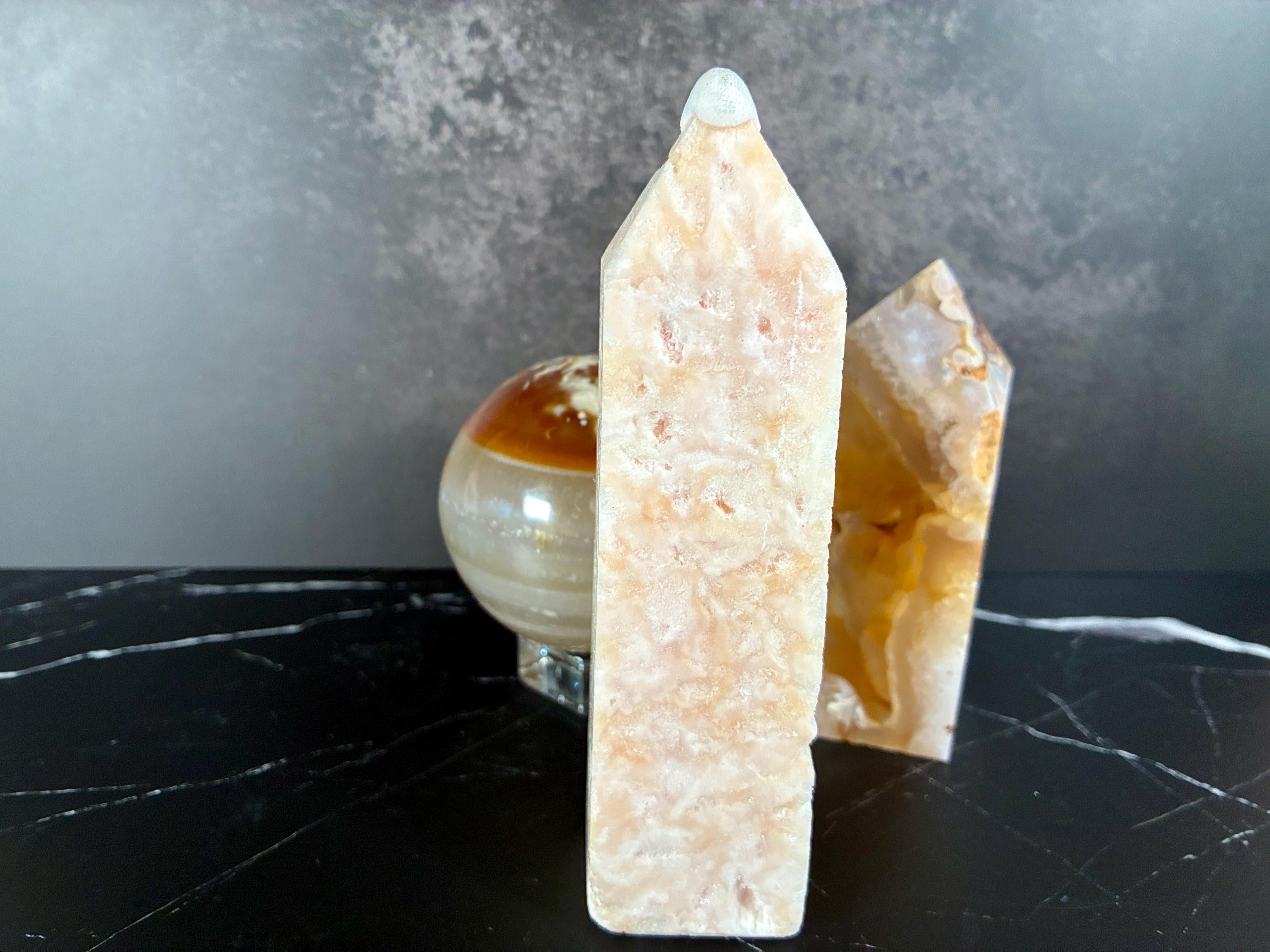 Carnelian Agate Sphere, Pink Hemimorphite Tower, Flower Agate Set