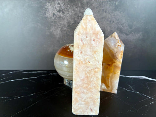 Carnelian Agate Sphere, Pink Hemimorphite Tower, Flower Agate Set