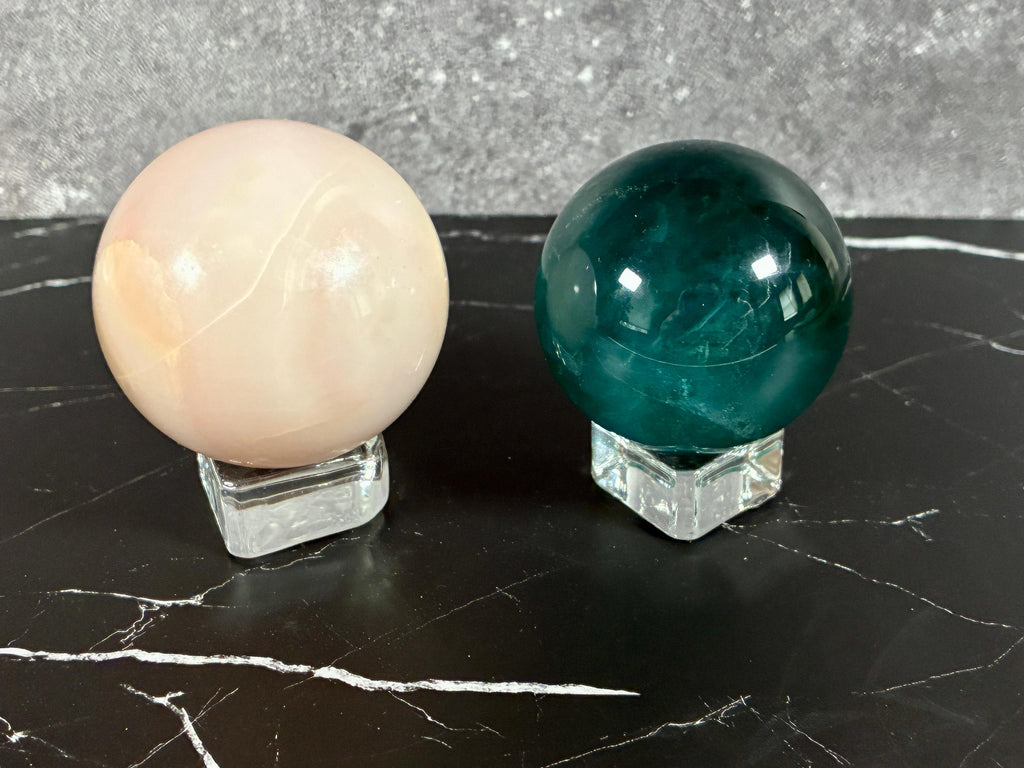 Pink Onyx (54mm) & Teal Fluorite (52mm) Spheres