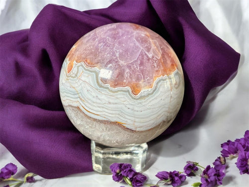 Crazy Lace Agate & Amethyst Druzy Sphere – Natural Crystal Pocket