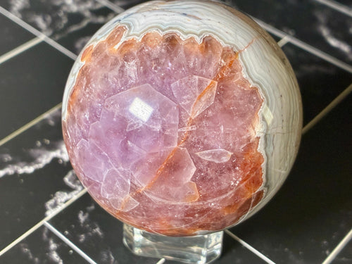 Crazy Lace Agate & Amethyst Druzy Sphere – Natural Crystal Pocket