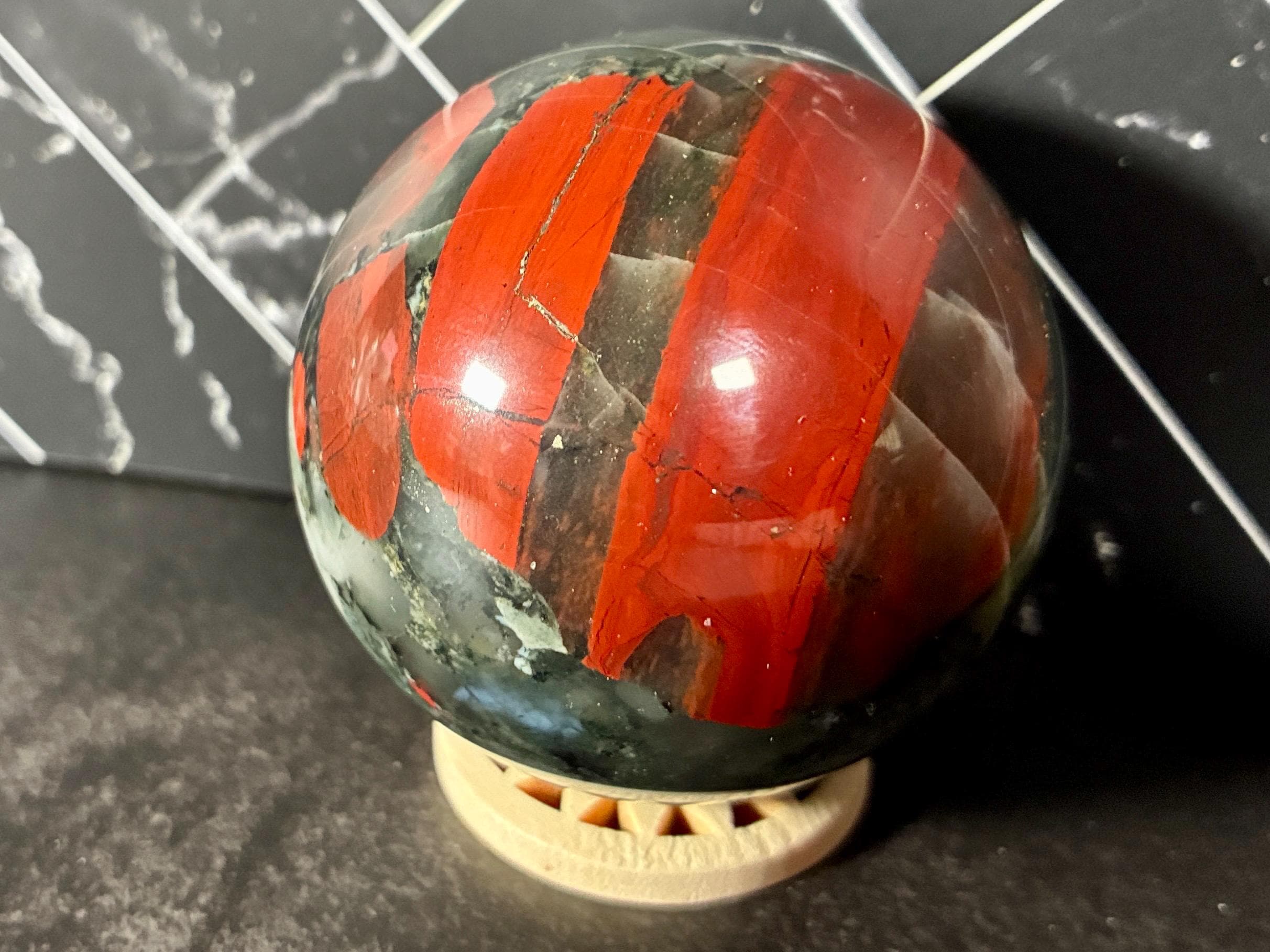 African Bloodstone Sphere – Bold Red Jasper Inclusions with Quartz Pocket