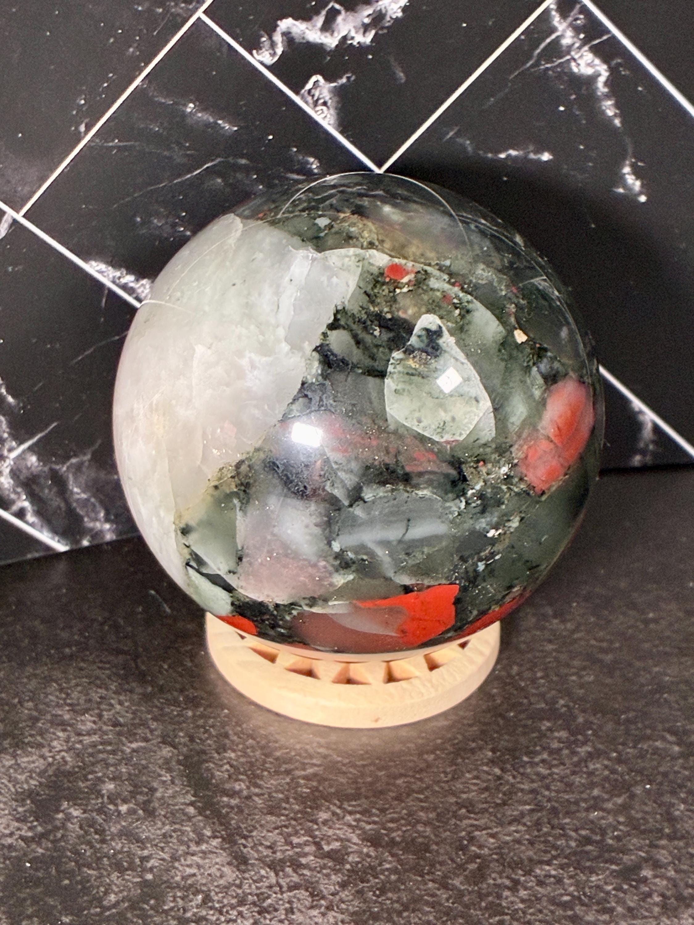 African Bloodstone Sphere – Bold Red Jasper Inclusions with Quartz Pocket
