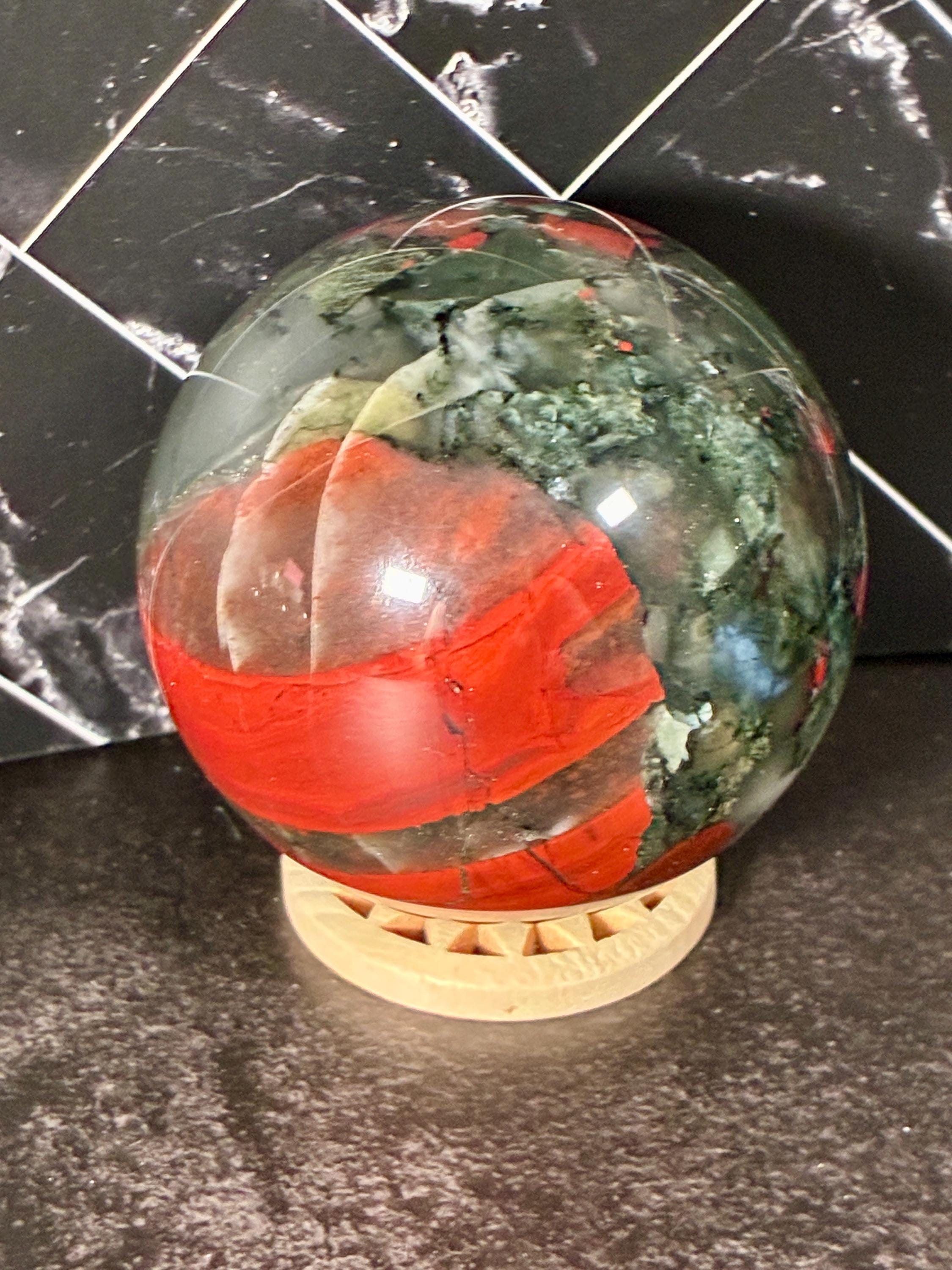 African Bloodstone Sphere – Bold Red Jasper Inclusions with Quartz Pocket
