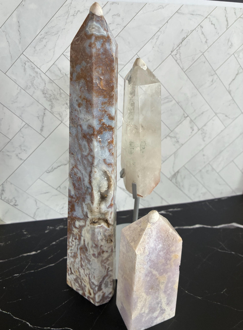Druzy Agate, Pink Amethyst, Clear Quartz Crystal Towers