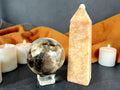 Smoky Quartz and Green Mica Sphere and Pink Hemimorphite tower