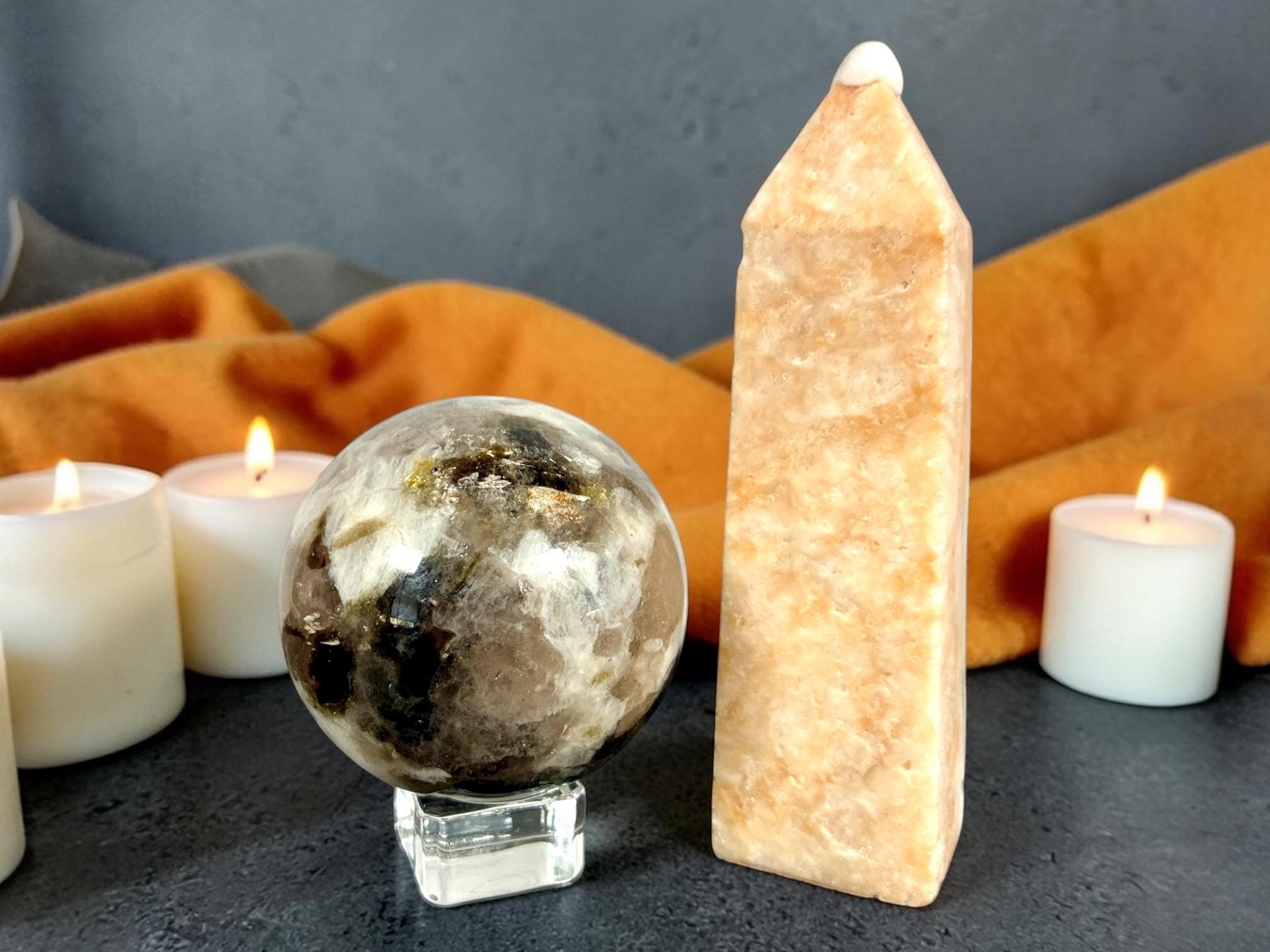 Smoky Quartz and Green Mica Sphere and Pink Hemimorphite tower