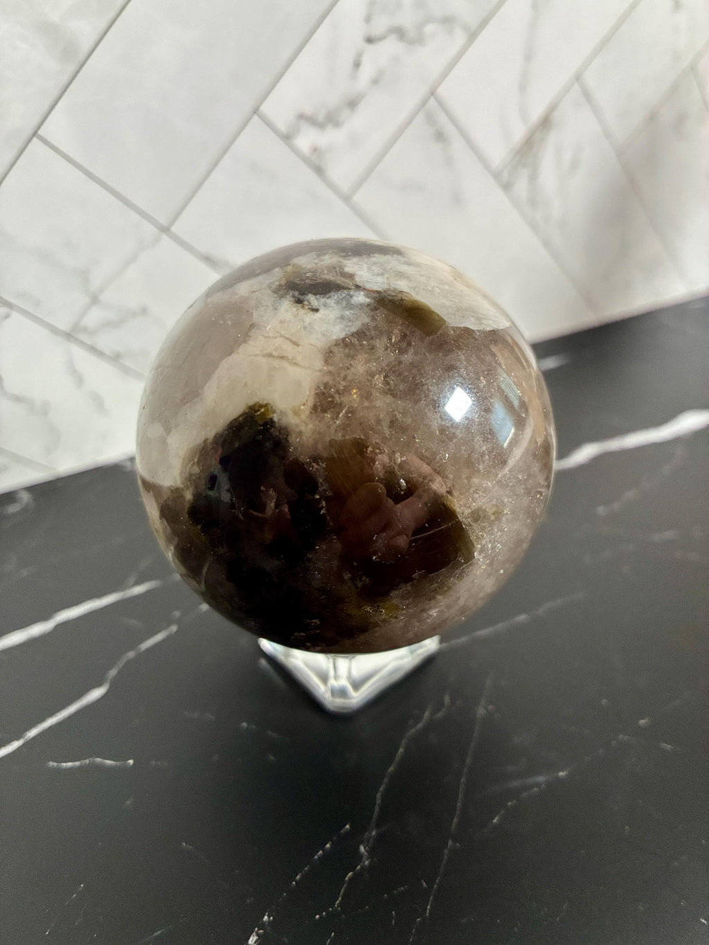 Smoky Quartz and Green Mica Sphere and Pink Hemimorphite tower