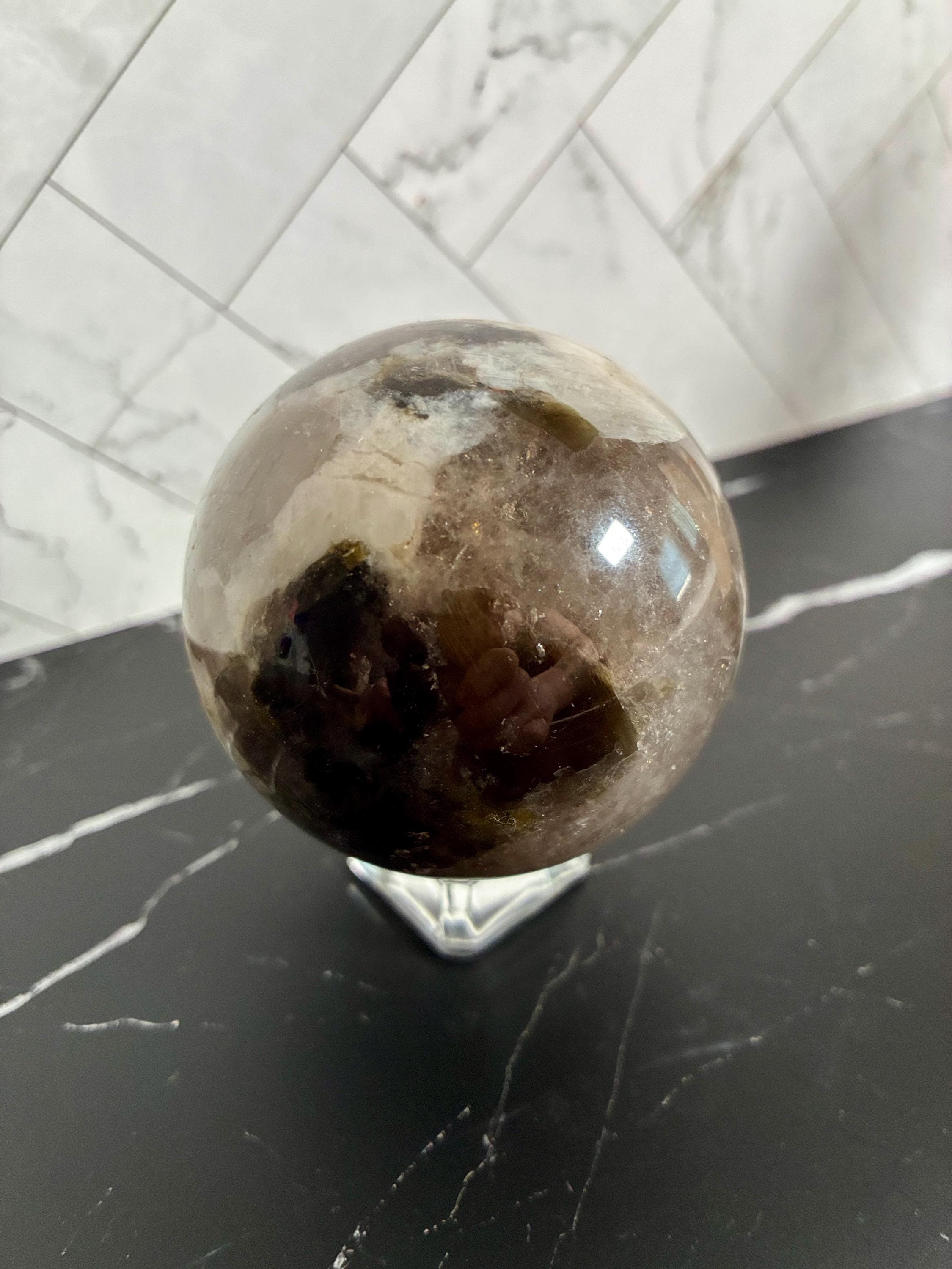 Smoky Quartz and Green Mica Sphere and Pink Hemimorphite tower