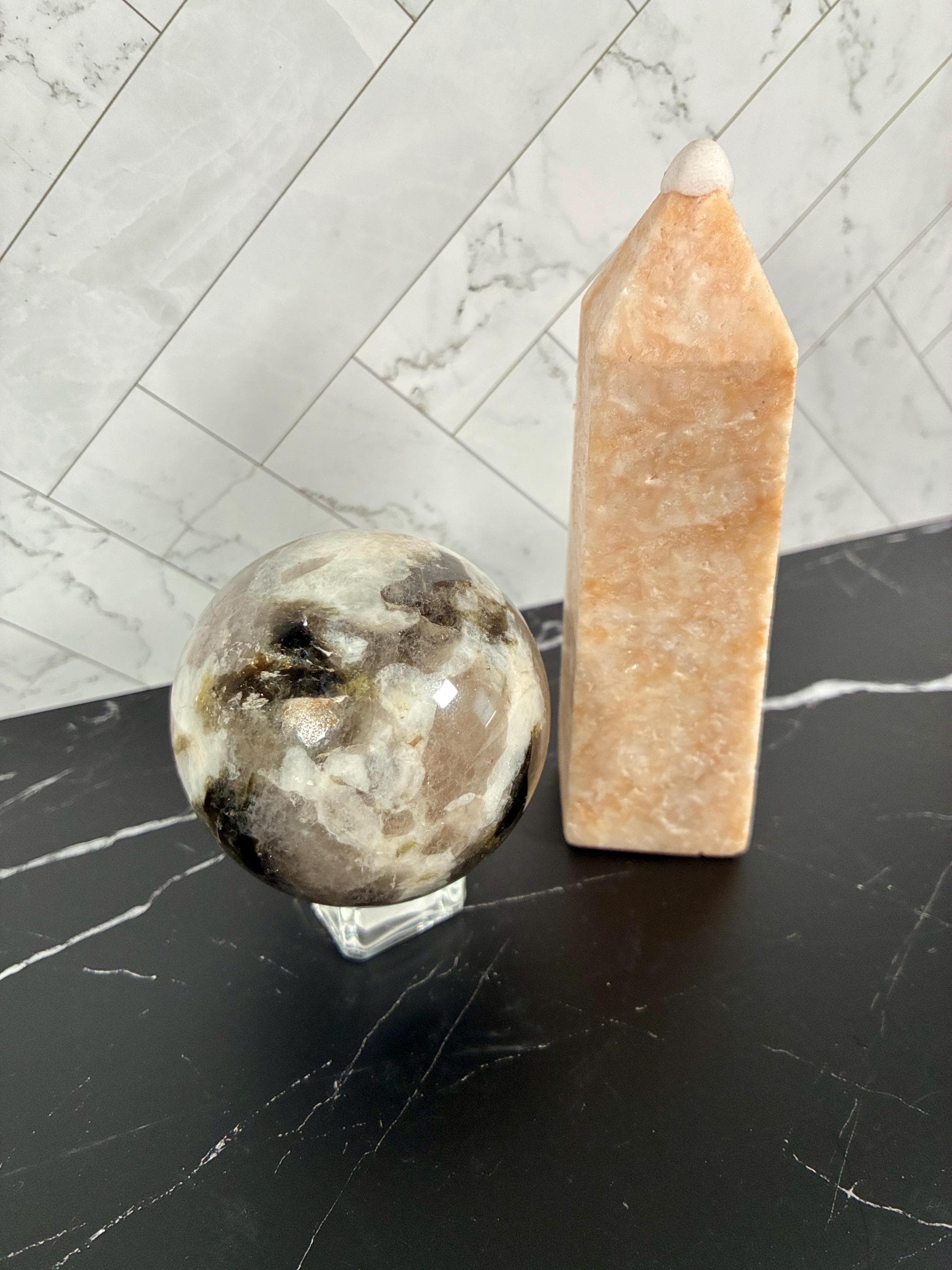 Smoky Quartz and Green Mica Sphere and Pink Hemimorphite tower