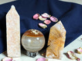 Carnelian Agate Sphere, Pink Hemimorphite Tower, Flower Agate Set