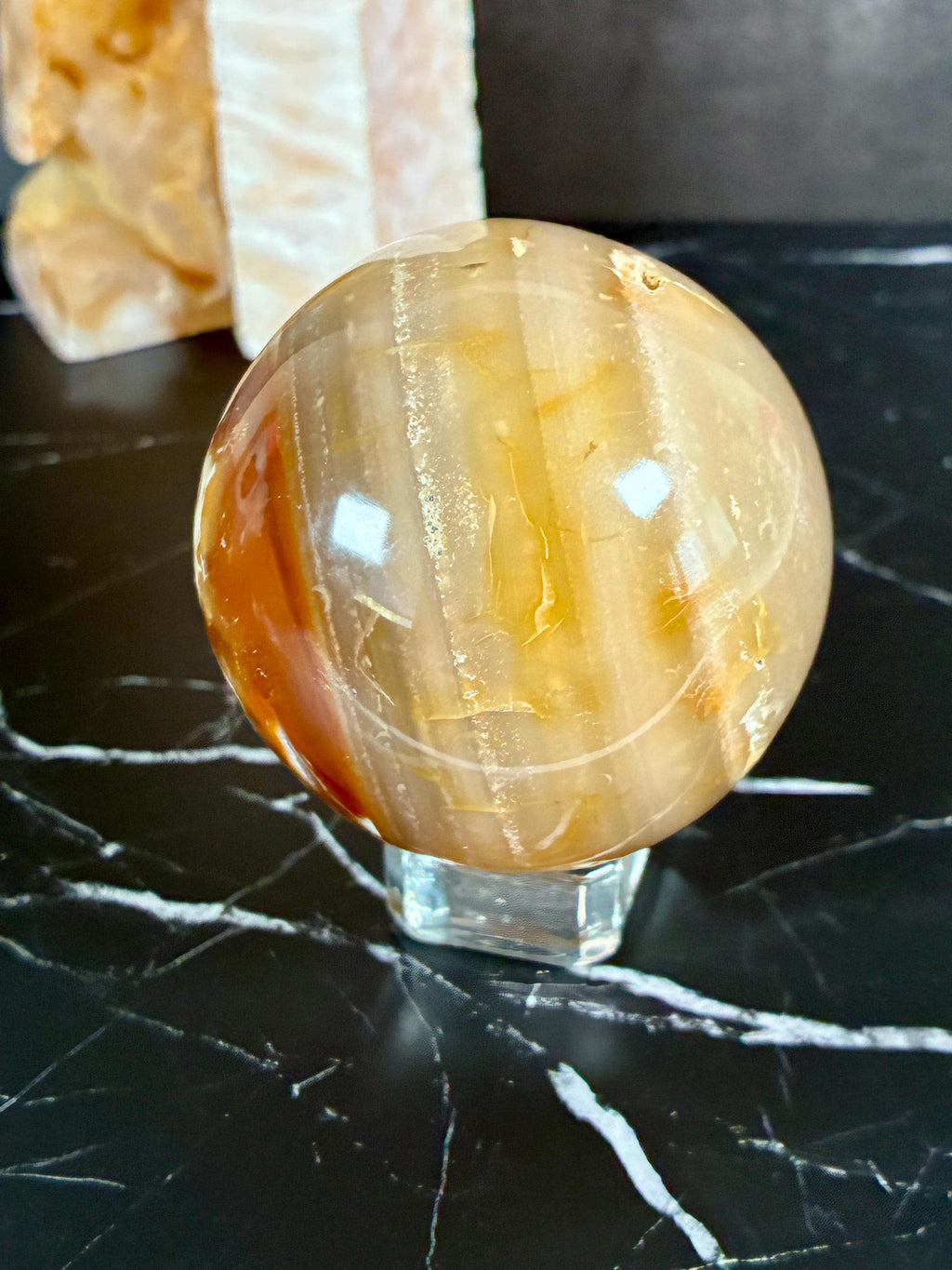 Carnelian Agate Sphere, Pink Hemimorphite Tower, Flower Agate Set