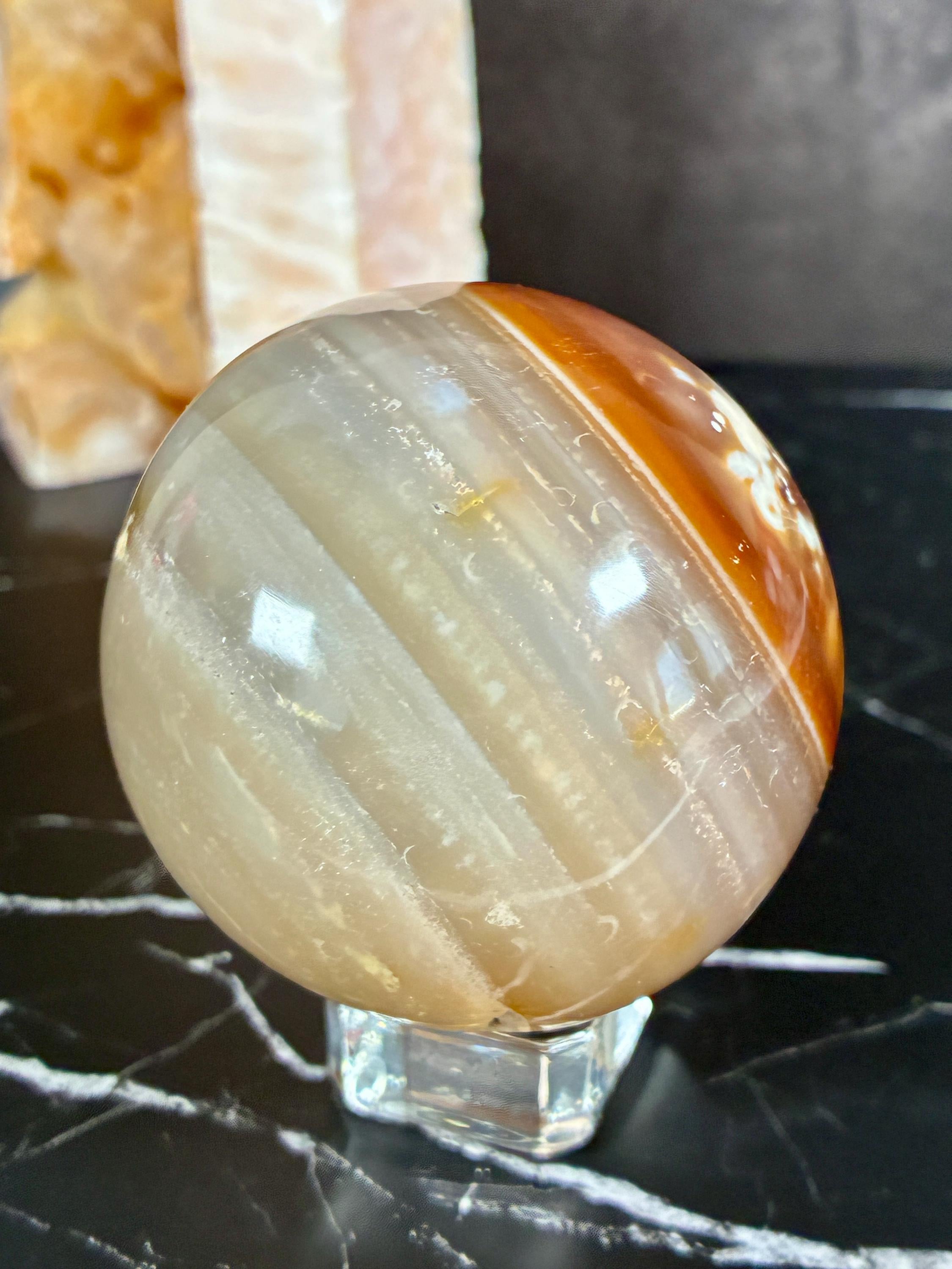 Carnelian Agate Sphere, Pink Hemimorphite Tower, Flower Agate Set