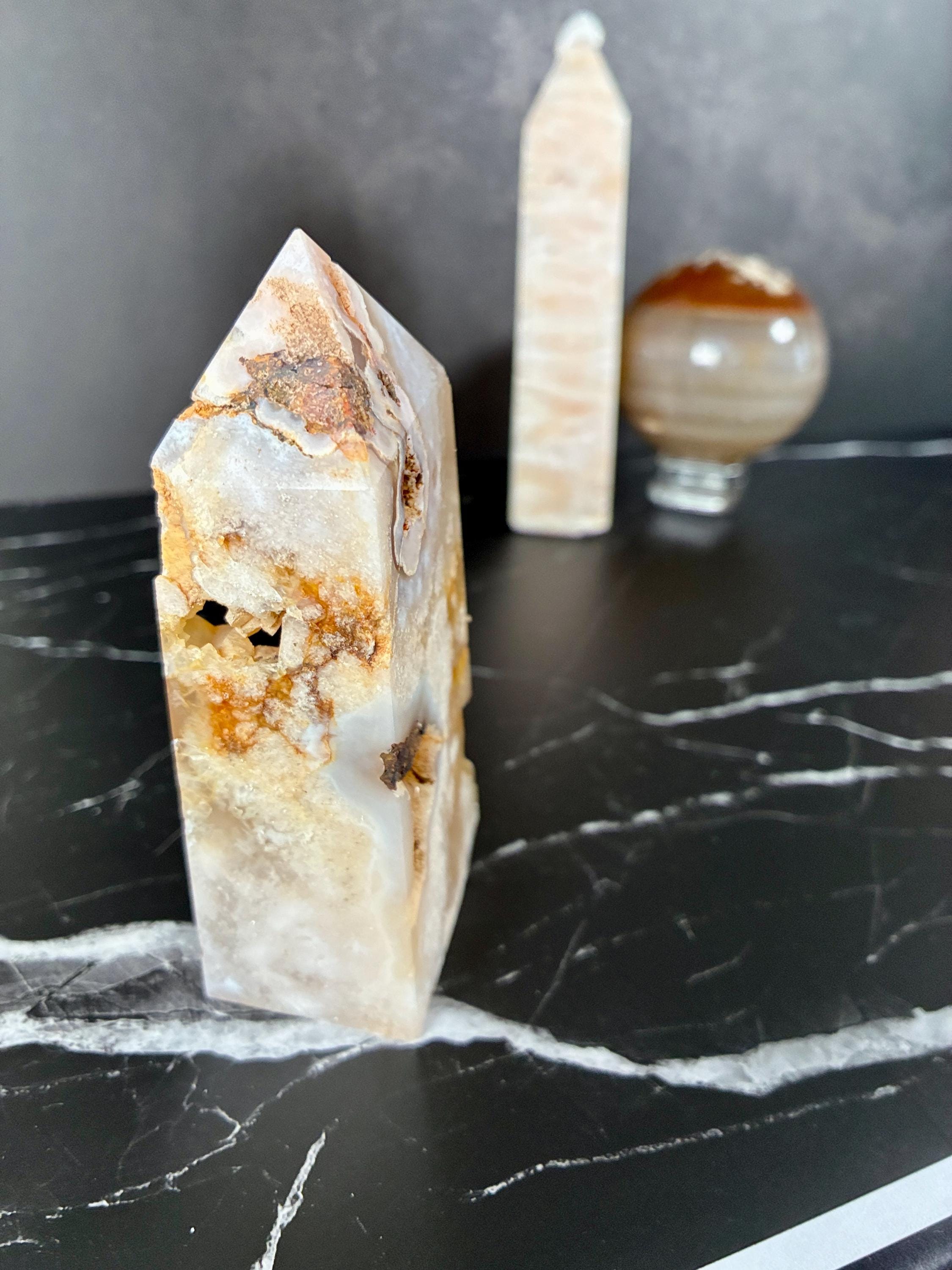 Carnelian Agate Sphere, Pink Hemimorphite Tower, Flower Agate Set