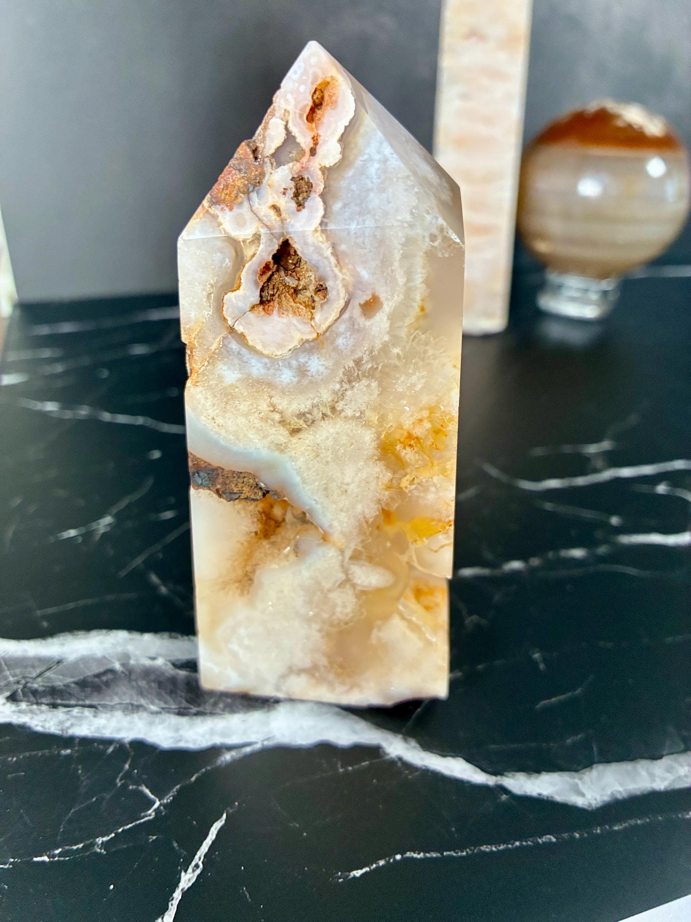 Carnelian Agate Sphere, Pink Hemimorphite Tower, Flower Agate Set