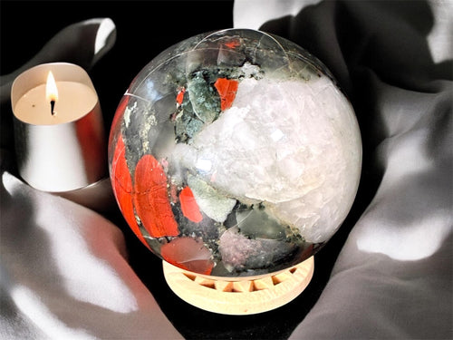 African Bloodstone Sphere – Bold Red Jasper Inclusions with Quartz Pocket