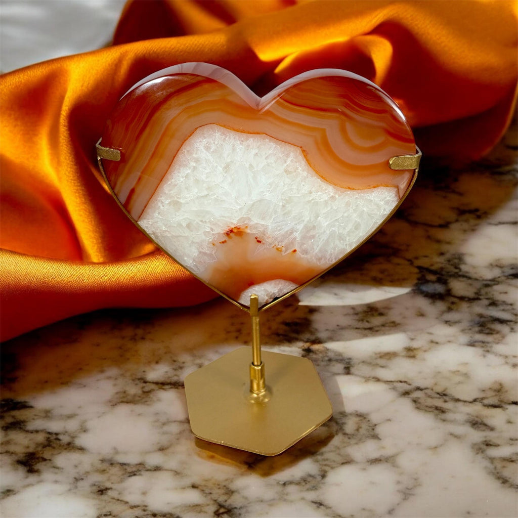 Banded Carnelian Agate Heart with Druzy • Gold Stand Crystal Display Décor