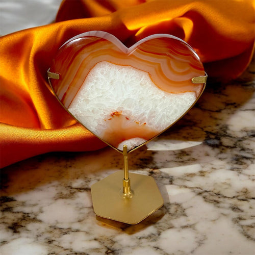 Banded Carnelian Agate Heart with Druzy • Gold Stand Crystal Display Décor