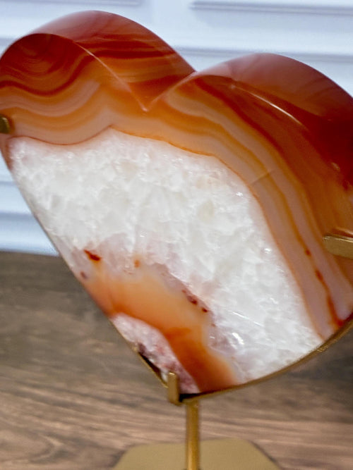 Banded Carnelian Agate Heart with Druzy • Gold Stand Crystal Display Décor