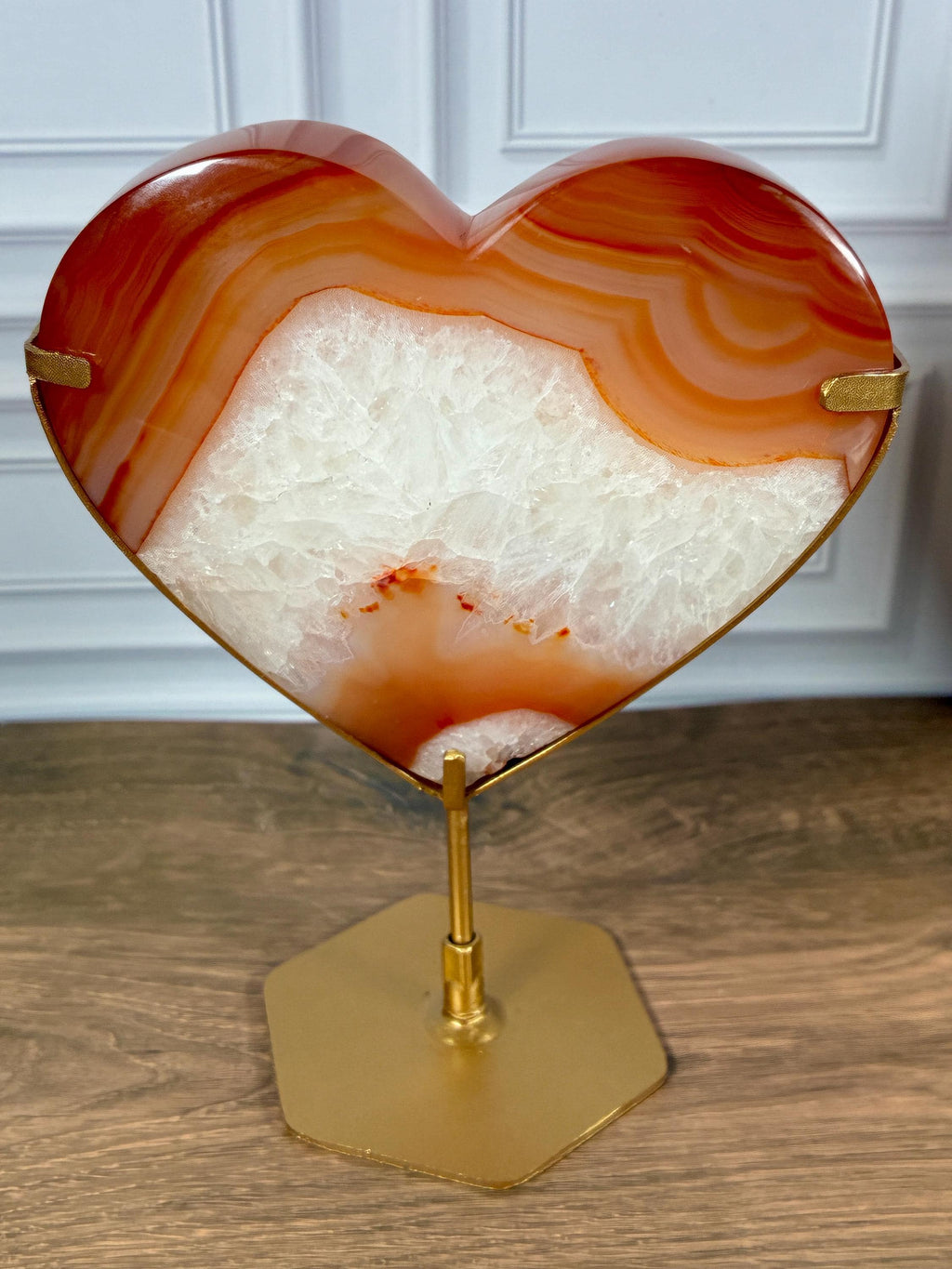 Banded Carnelian Agate Heart with Druzy • Gold Stand Crystal Display Décor