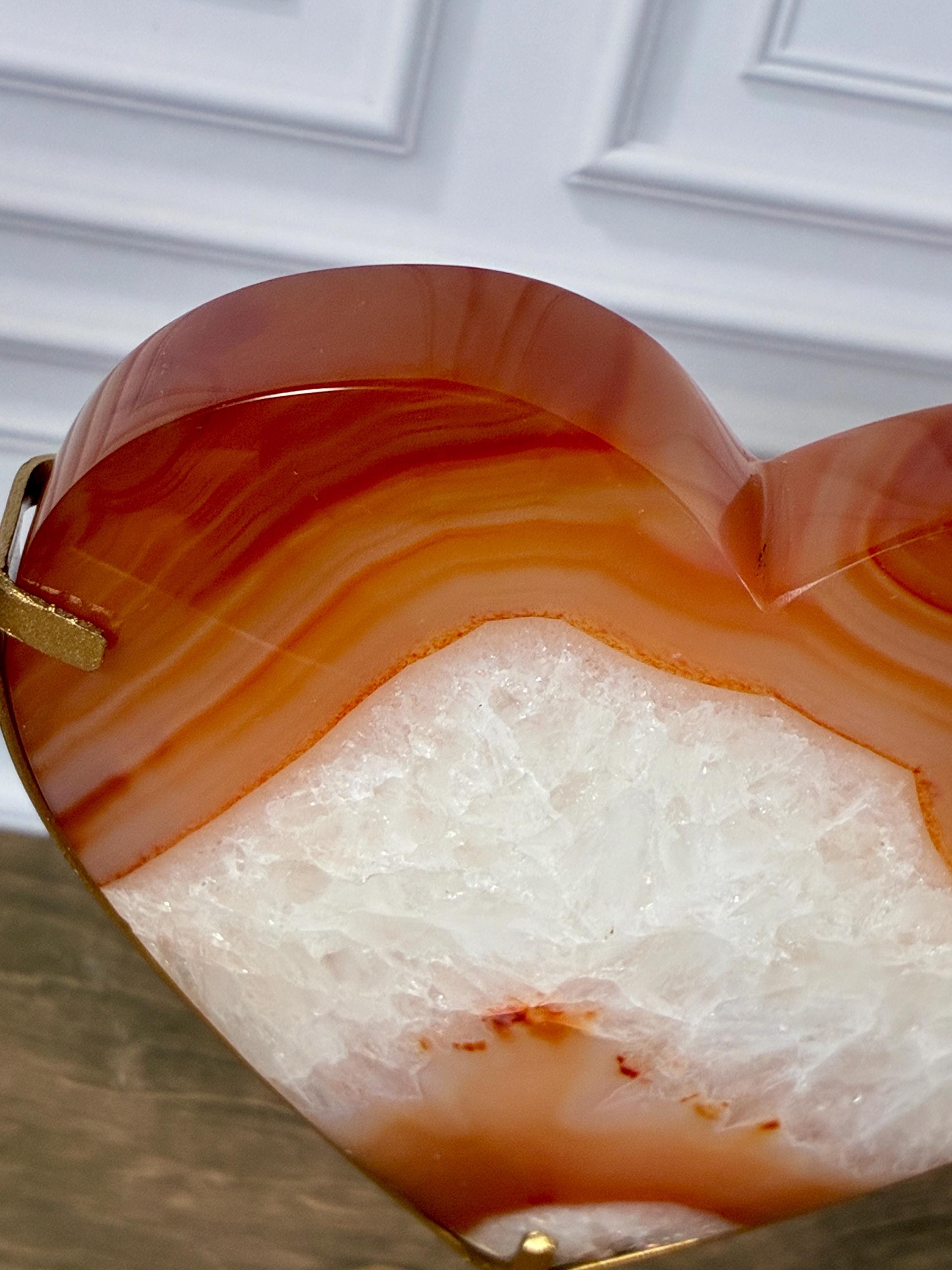 Banded Carnelian Agate Heart with Druzy • Gold Stand Crystal Display Décor