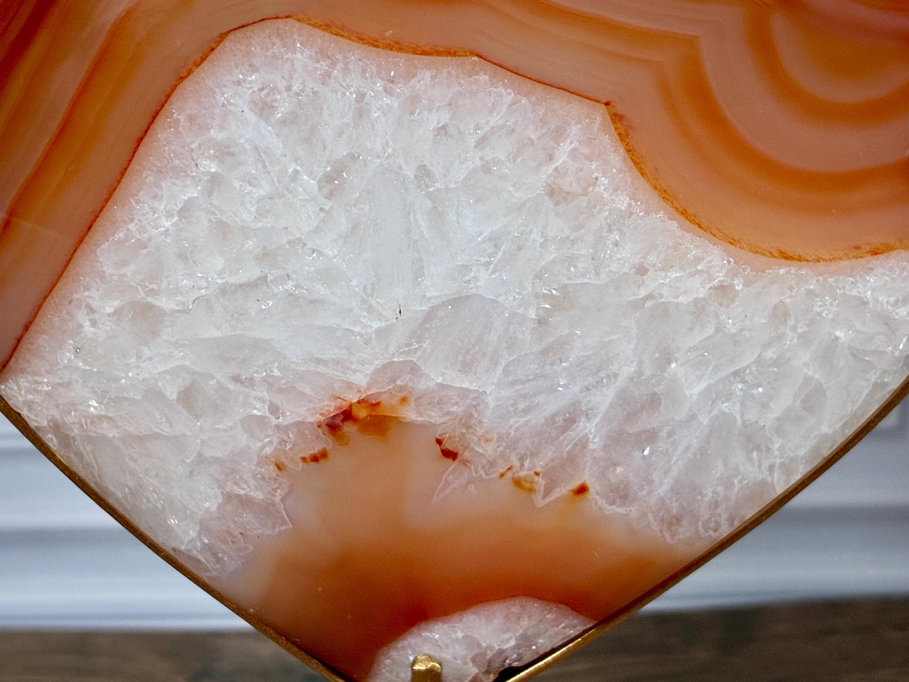 Banded Carnelian Agate Heart with Druzy • Gold Stand Crystal Display Décor
