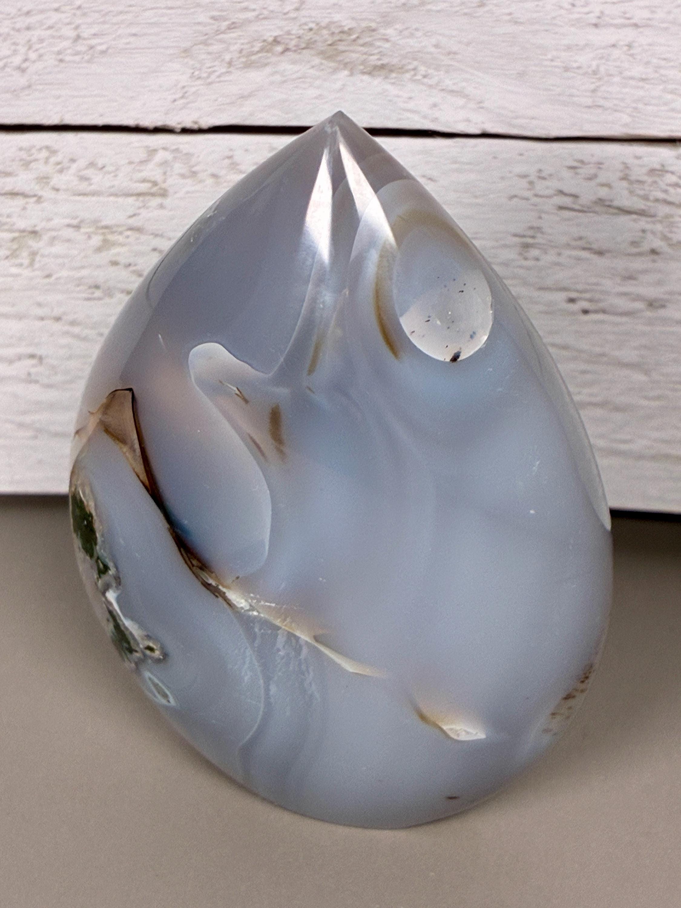 blue chalcedony, moss agate, druzy crystal, crystal flame, freeform crystal, collector stone, agate decor, blue crystal, moss crystal, gemstone decor, shelf crystal, polished stone, dreamy decor