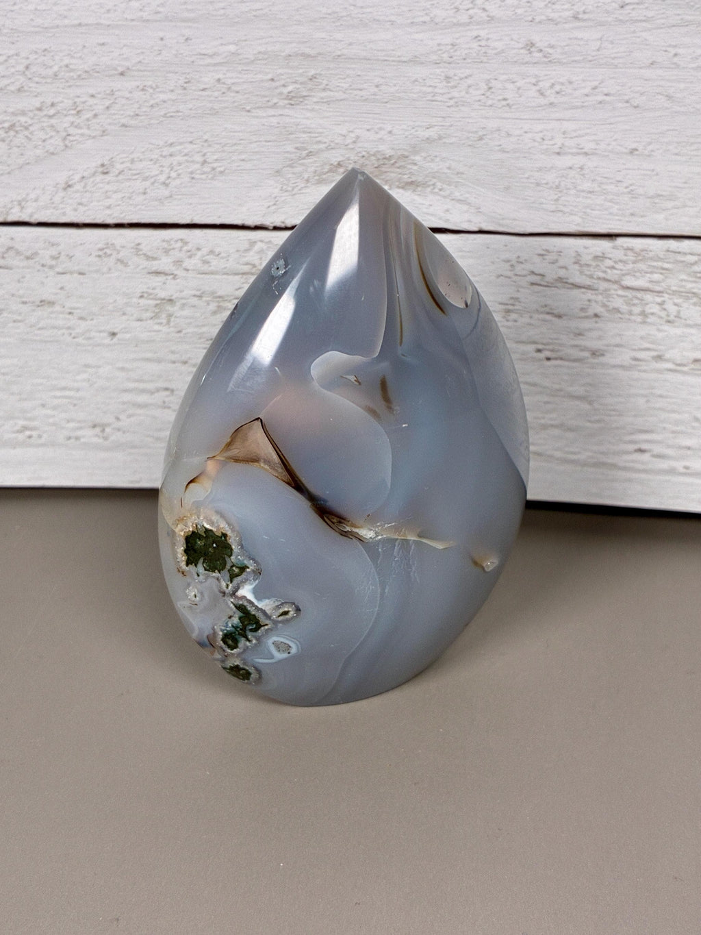 blue chalcedony, moss agate, druzy crystal, crystal flame, freeform crystal, collector stone, agate decor, blue crystal, moss crystal, gemstone decor, shelf crystal, polished stone, dreamy decor